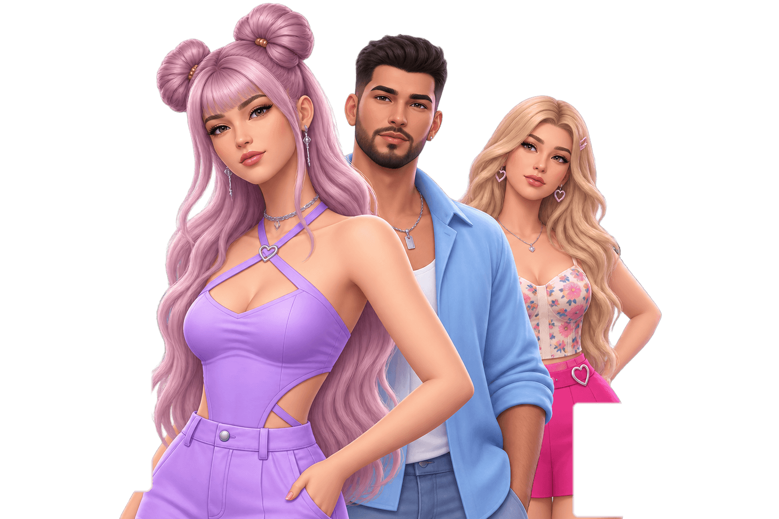 Personajes de Los Sims 4 creados por Paulandia.sims, rodeados de elementos de Create-a-Sim